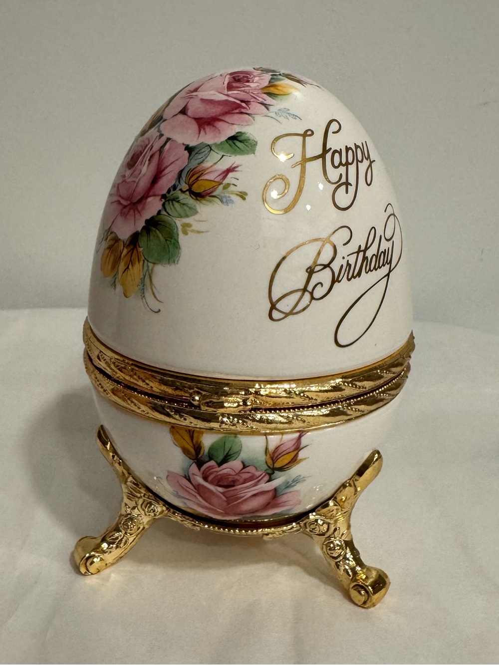 Porcelain 'Happy Birthday' Floral Egg Trinket Box with Gold Accents